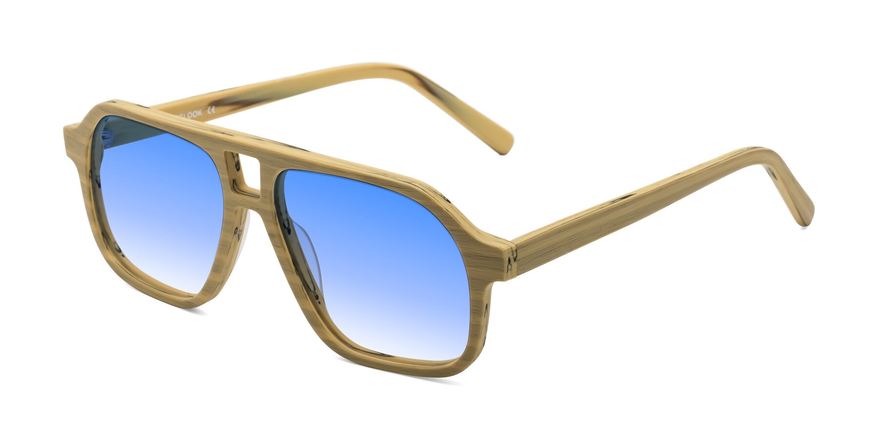 Angle of Edwood in Egg Yolk Woodgrain with Blue Gradient Lenses