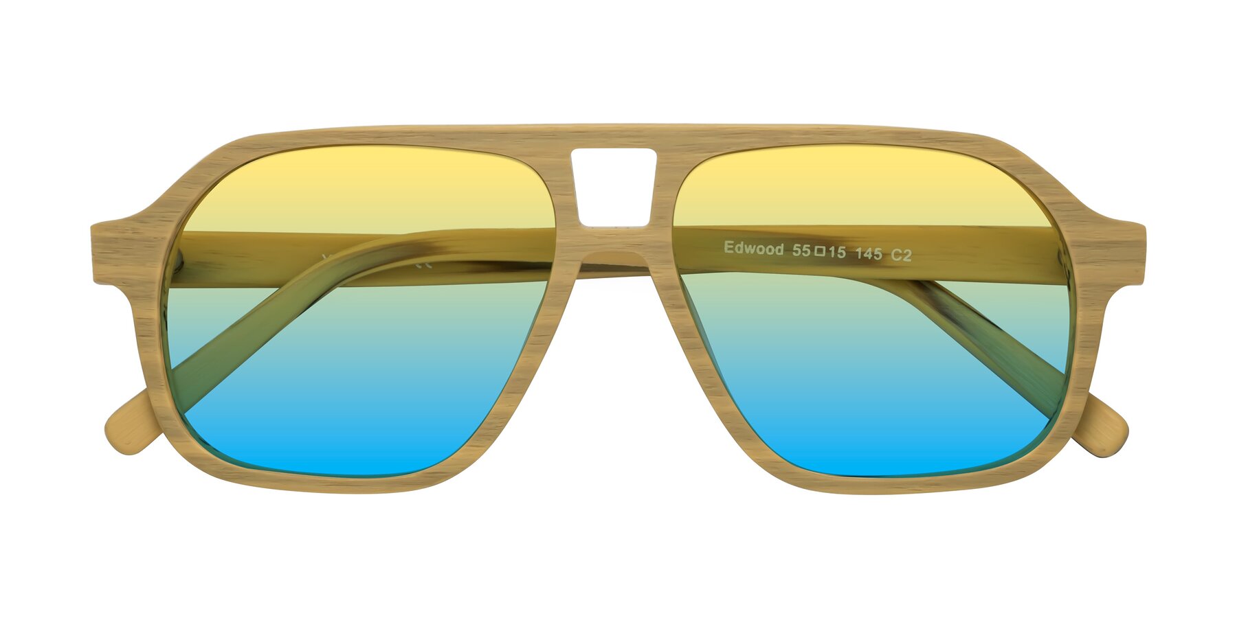 Folded Front of Edwood in Egg Yolk Woodgrain with Yellow / Blue Gradient Lenses