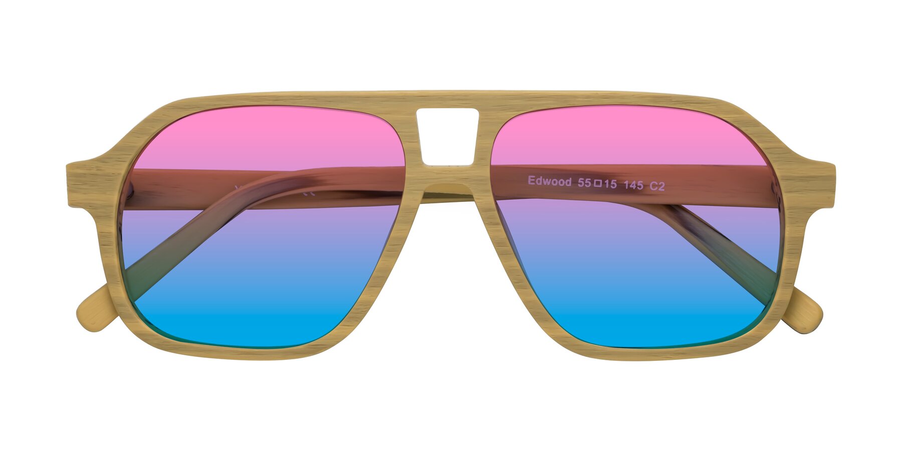 Folded Front of Edwood in Egg Yolk Woodgrain with Pink / Blue Gradient Lenses