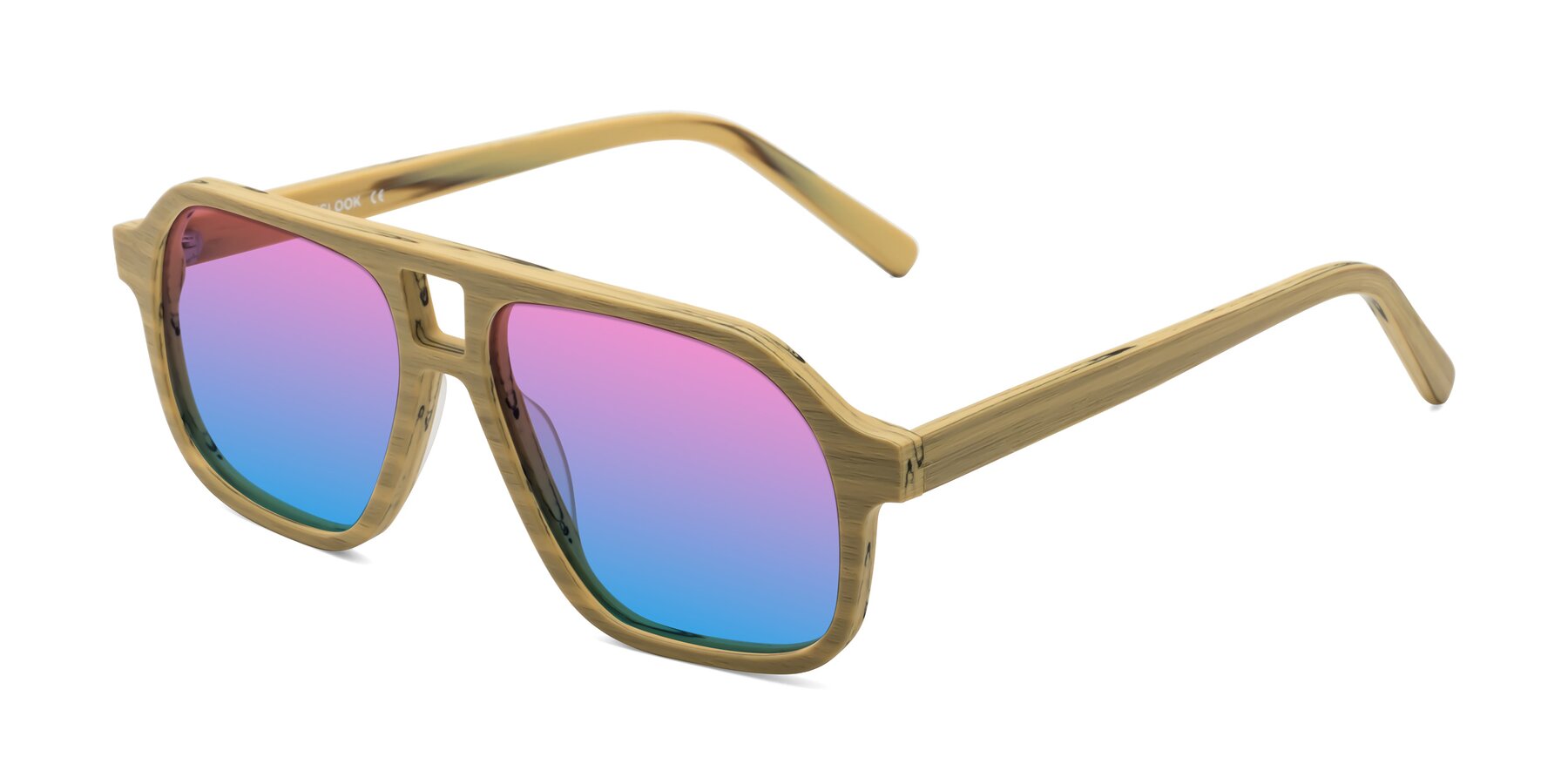 Angle of Edwood in Egg Yolk Woodgrain with Pink / Blue Gradient Lenses