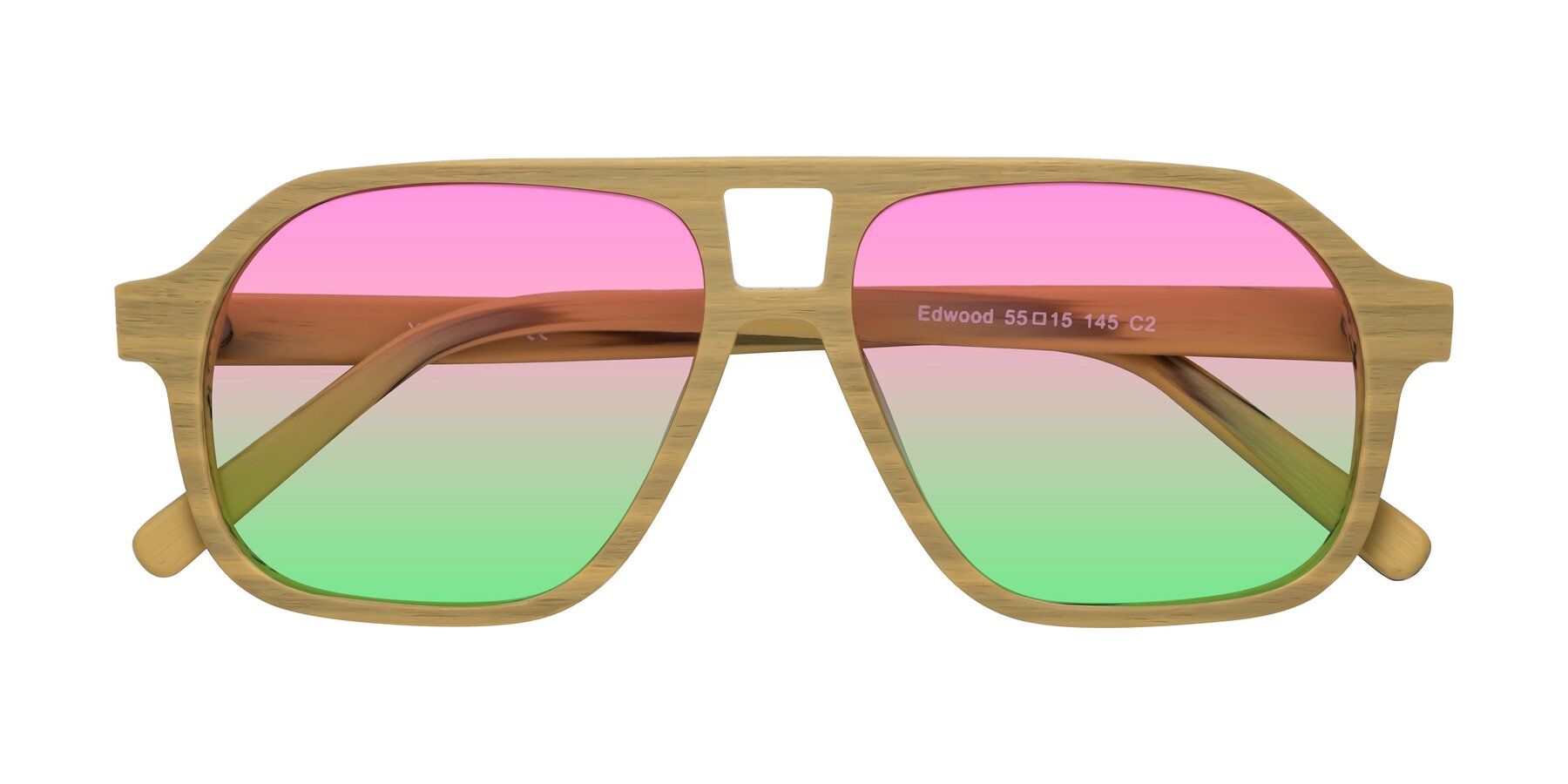 Folded Front of Edwood in Egg Yolk Woodgrain with Pink / Green Gradient Lenses