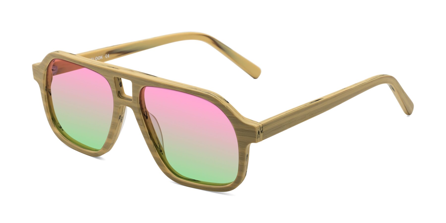 Angle of Edwood in Egg Yolk Woodgrain with Pink / Green Gradient Lenses