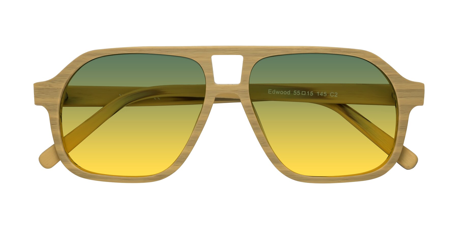 Folded Front of Edwood in Egg Yolk Woodgrain with Green / Yellow Gradient Lenses