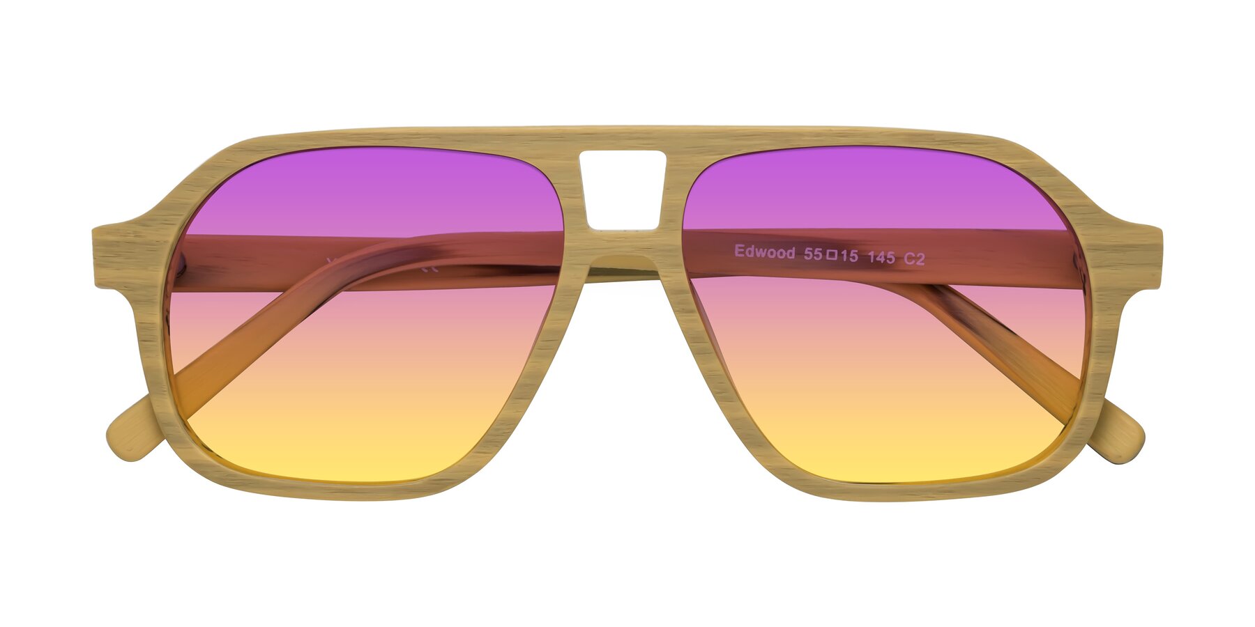 Folded Front of Edwood in Egg Yolk Woodgrain with Purple / Yellow Gradient Lenses