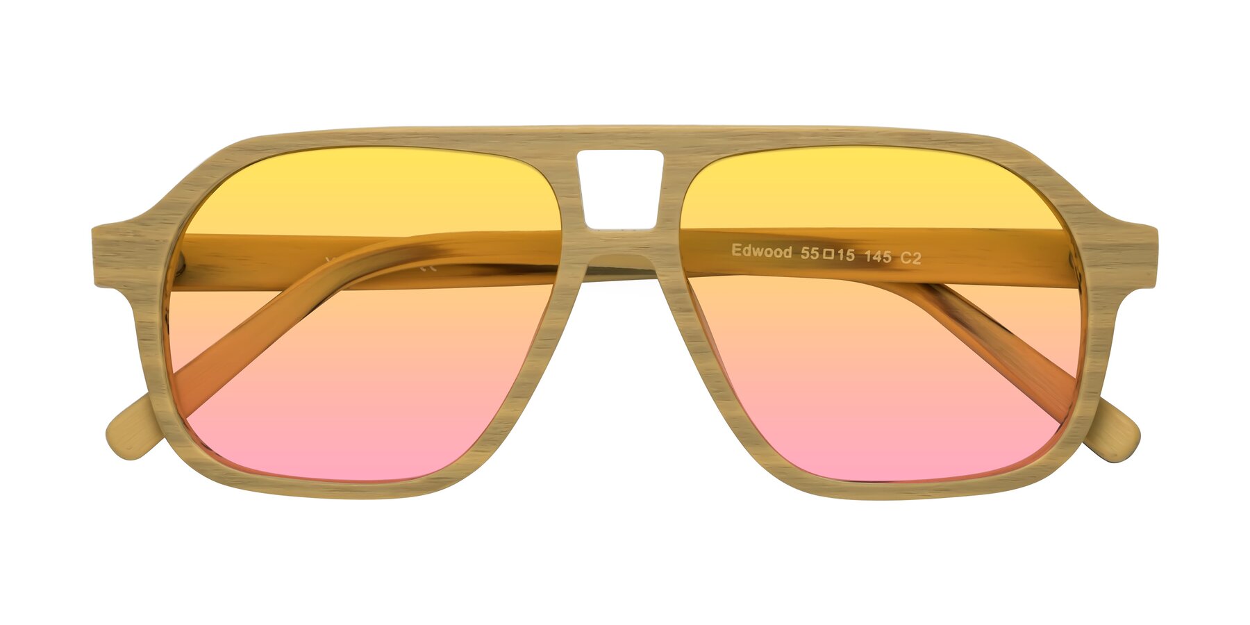 Folded Front of Edwood in Egg Yolk Woodgrain with Yellow / Pink Gradient Lenses