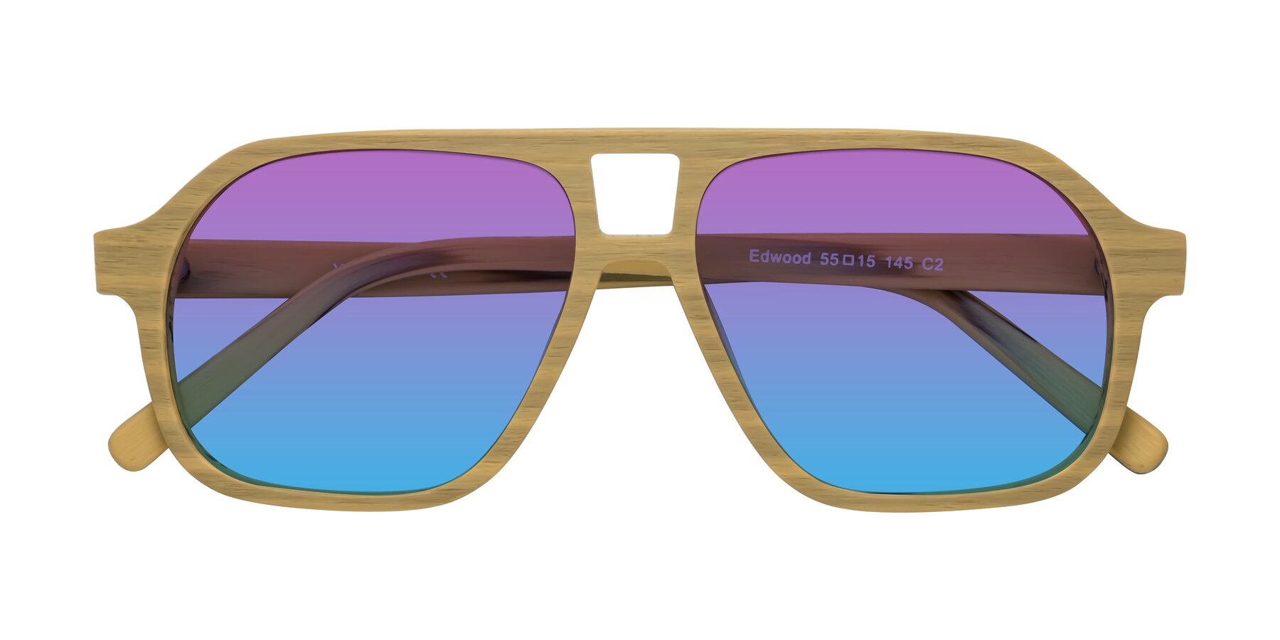 Folded Front of Edwood in Egg Yolk Woodgrain with Purple / Blue Gradient Lenses