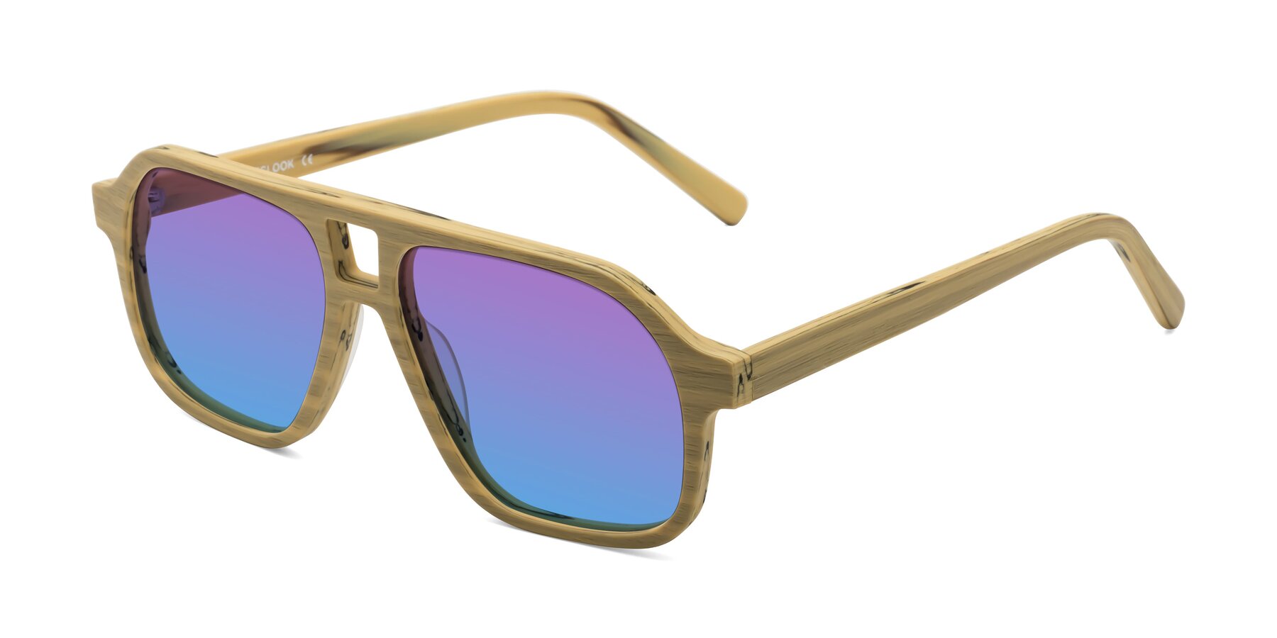 Angle of Edwood in Egg Yolk Woodgrain with Purple / Blue Gradient Lenses