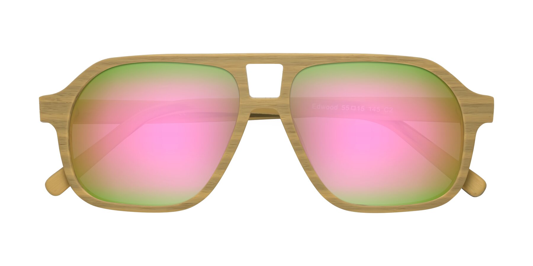 Folded Front of Edwood in Egg Yolk Woodgrain with Pink Mirrored Lenses