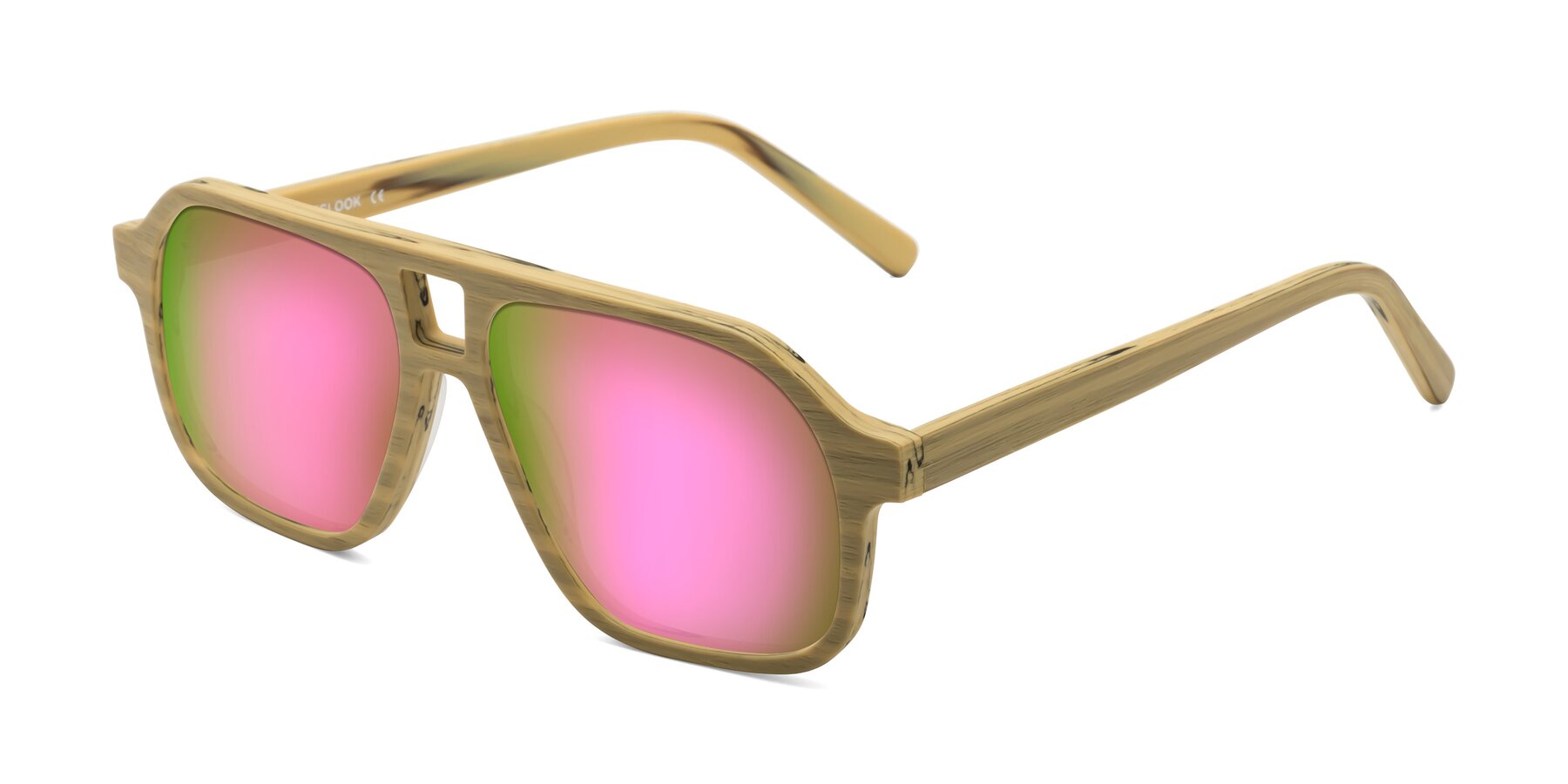 Angle of Edwood in Egg Yolk Woodgrain with Pink Mirrored Lenses