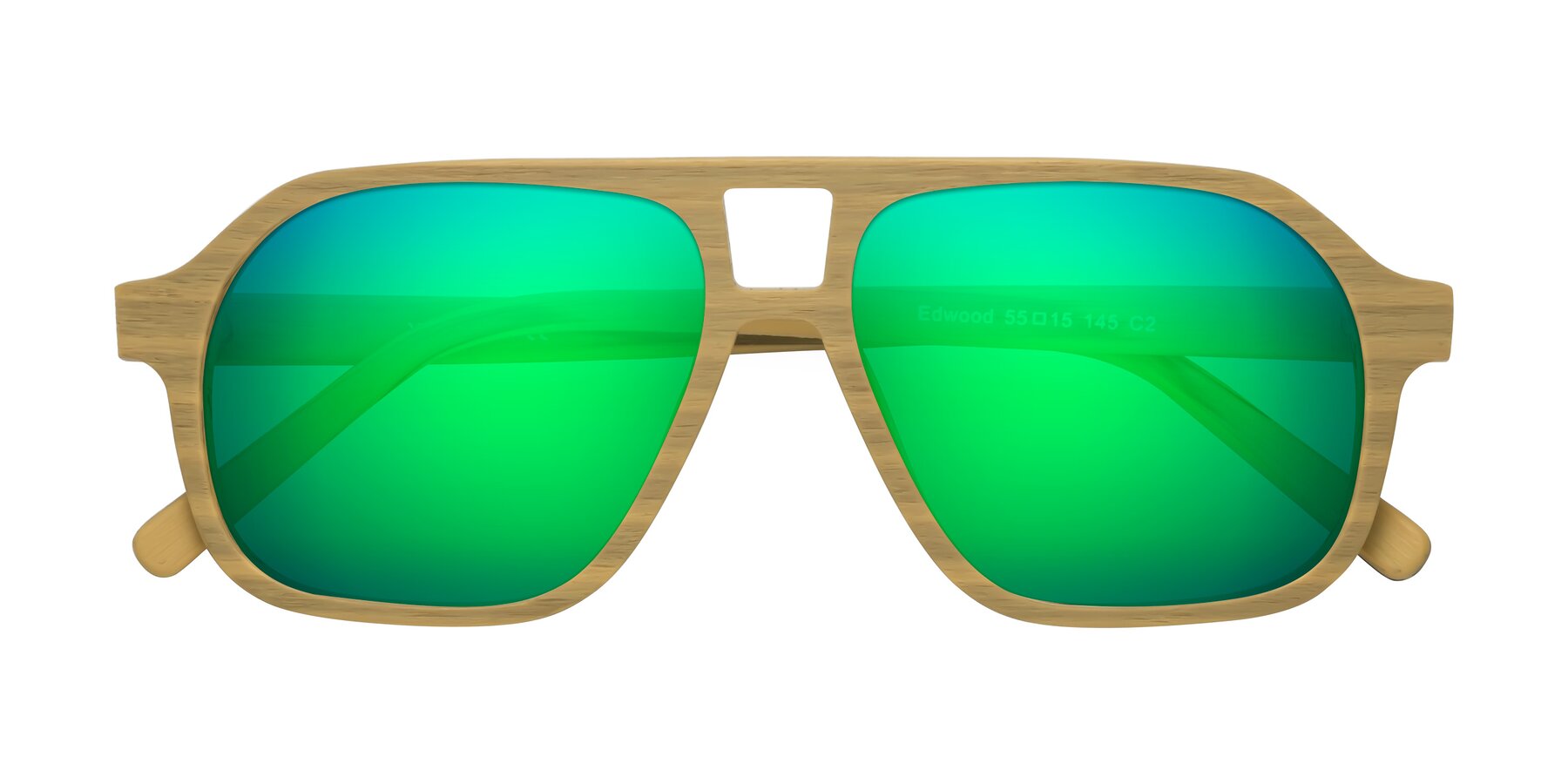 Folded Front of Edwood in Egg Yolk Woodgrain with Green Mirrored Lenses