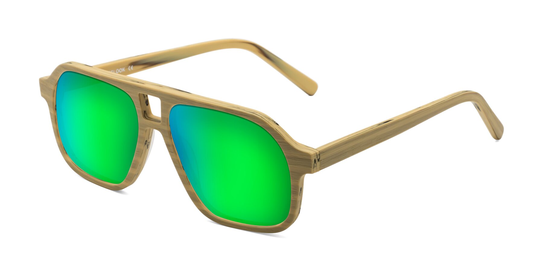 Angle of Edwood in Egg Yolk Woodgrain with Green Mirrored Lenses