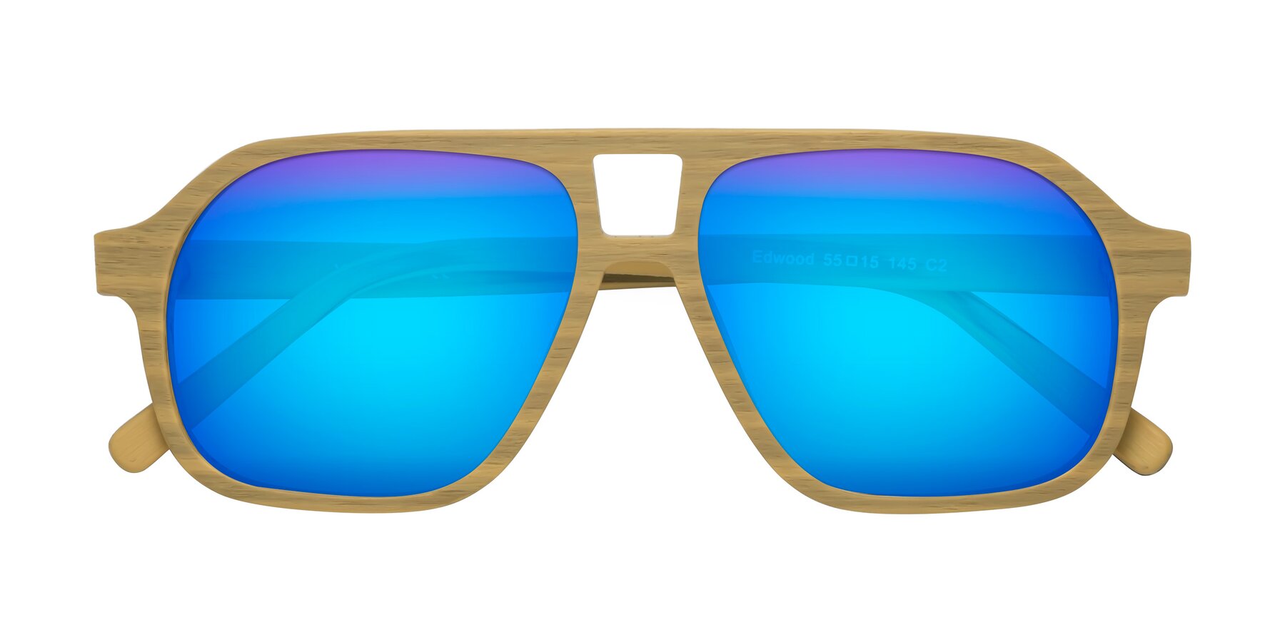 Folded Front of Edwood in Egg Yolk Woodgrain with Blue Mirrored Lenses