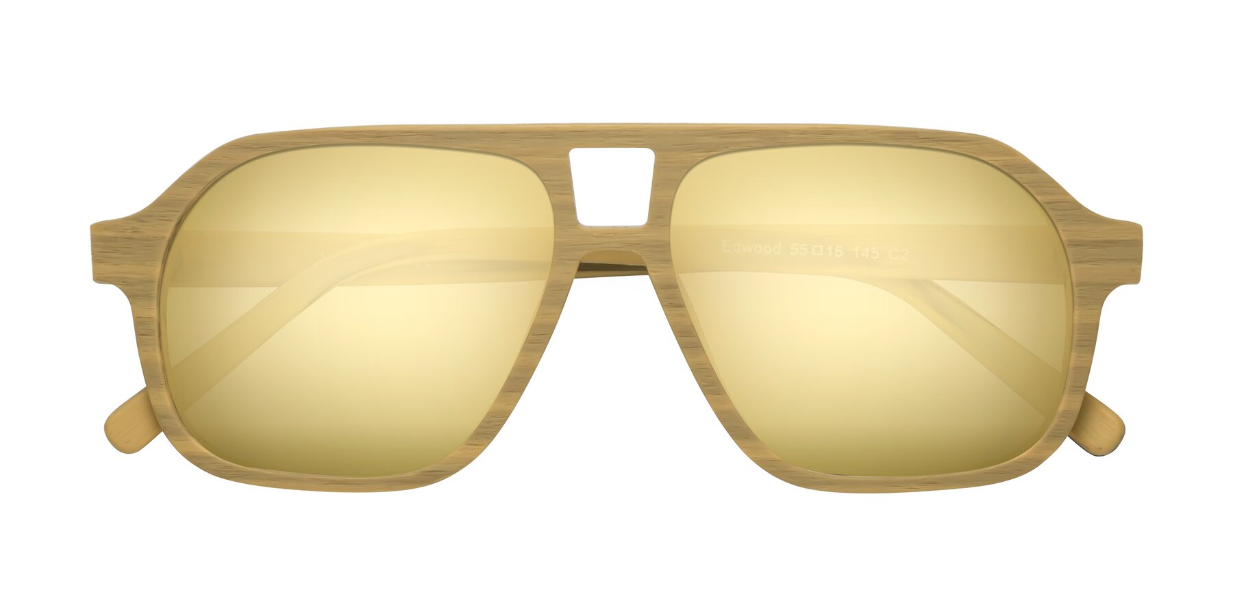 Folded Front of Edwood in Egg Yolk Woodgrain with Gold Mirrored Lenses