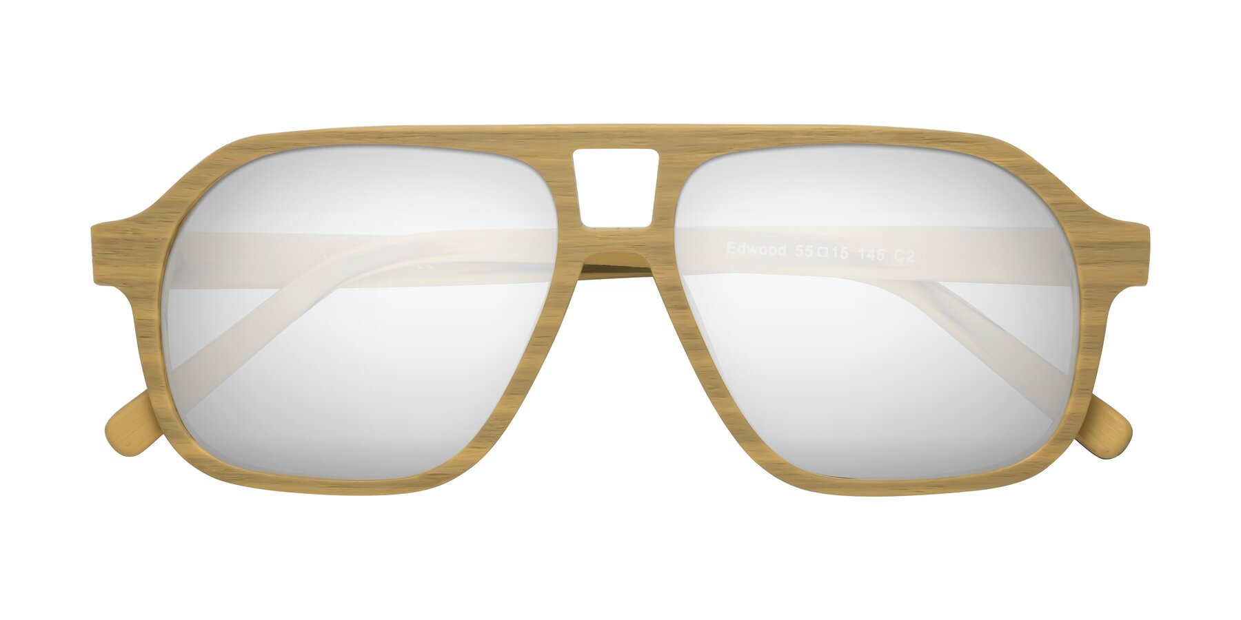 Folded Front of Edwood in Egg Yolk Woodgrain with Silver Mirrored Lenses