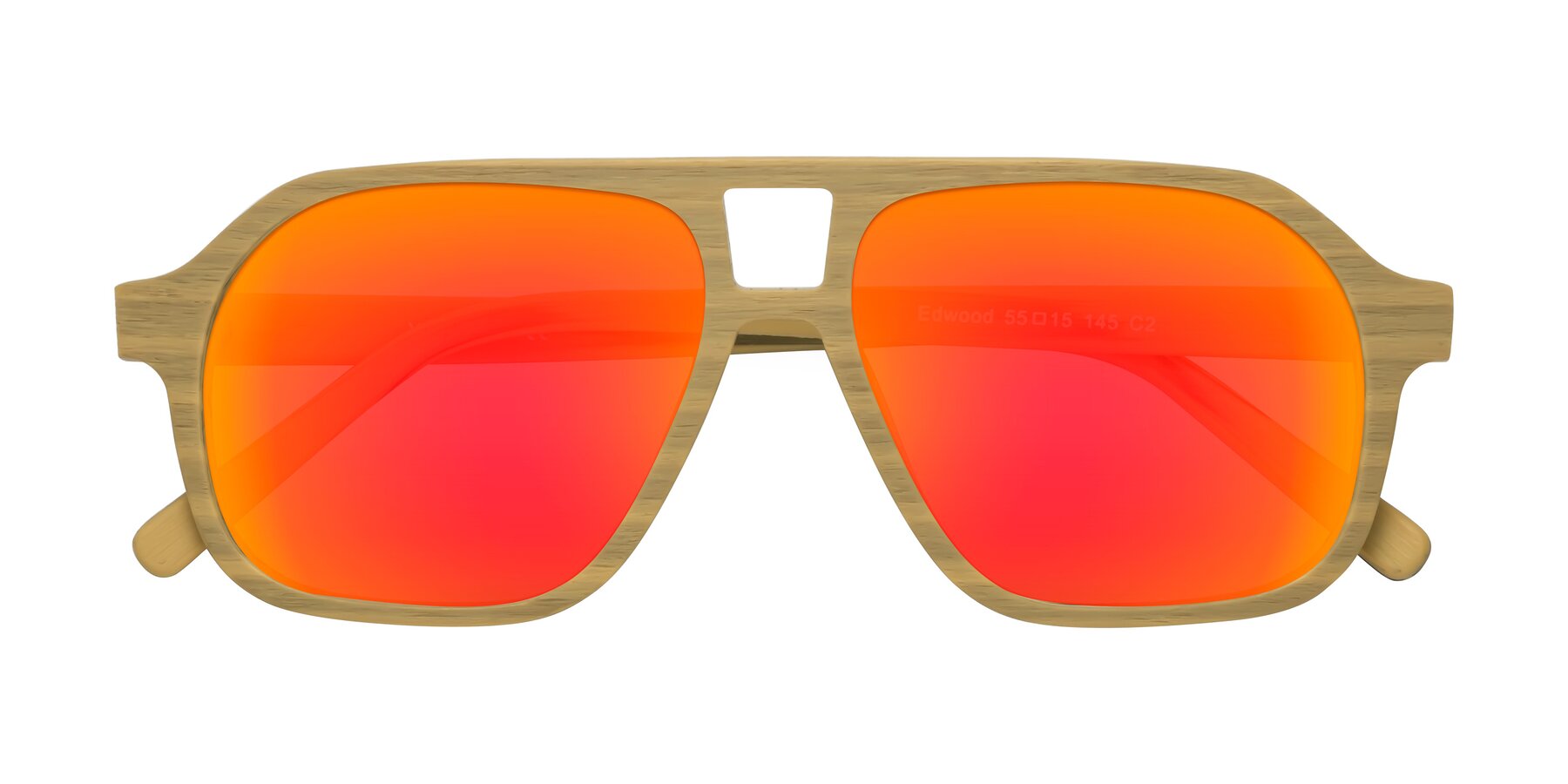 Folded Front of Edwood in Egg Yolk Woodgrain with Red Gold Mirrored Lenses