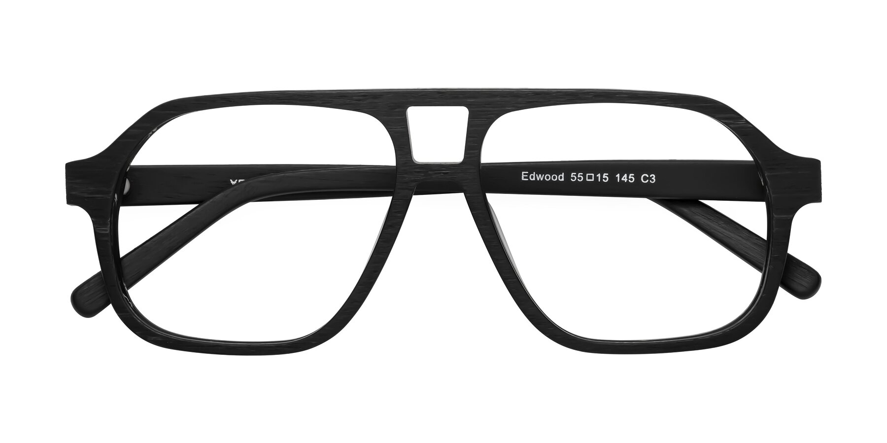 Folded Front of Edwood in Black Woodgrain with Clear Eyeglass Lenses