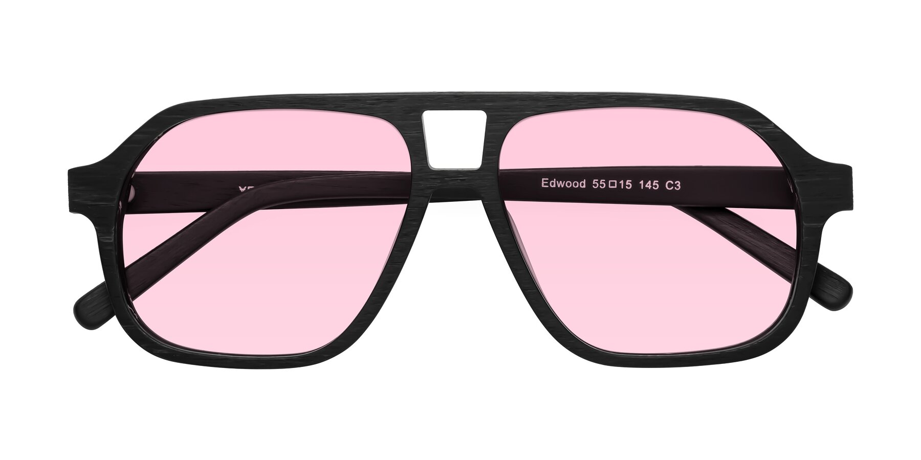 Folded Front of Edwood in Black Woodgrain with Light Pink Tinted Lenses