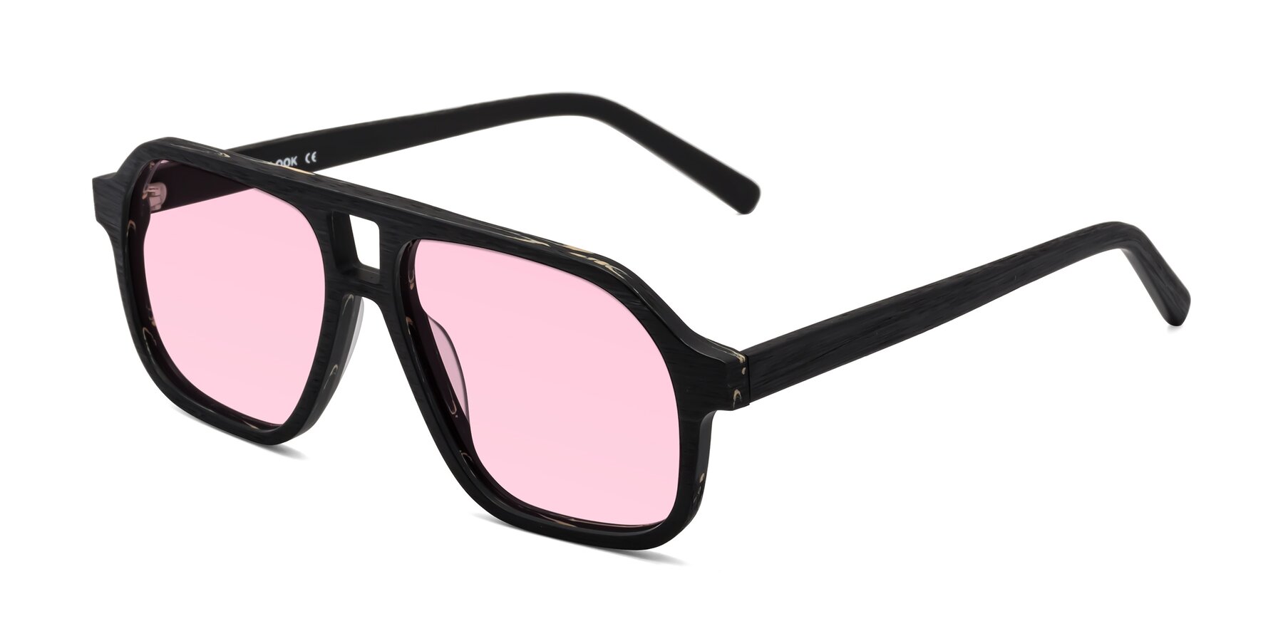 Angle of Edwood in Black Woodgrain with Light Pink Tinted Lenses