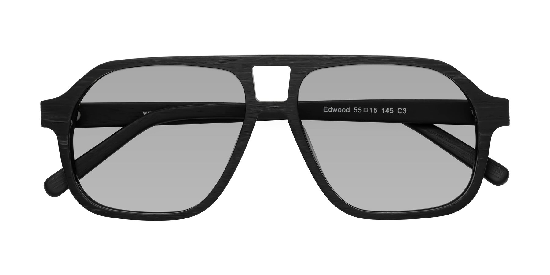 Folded Front of Edwood in Black Woodgrain with Light Gray Tinted Lenses