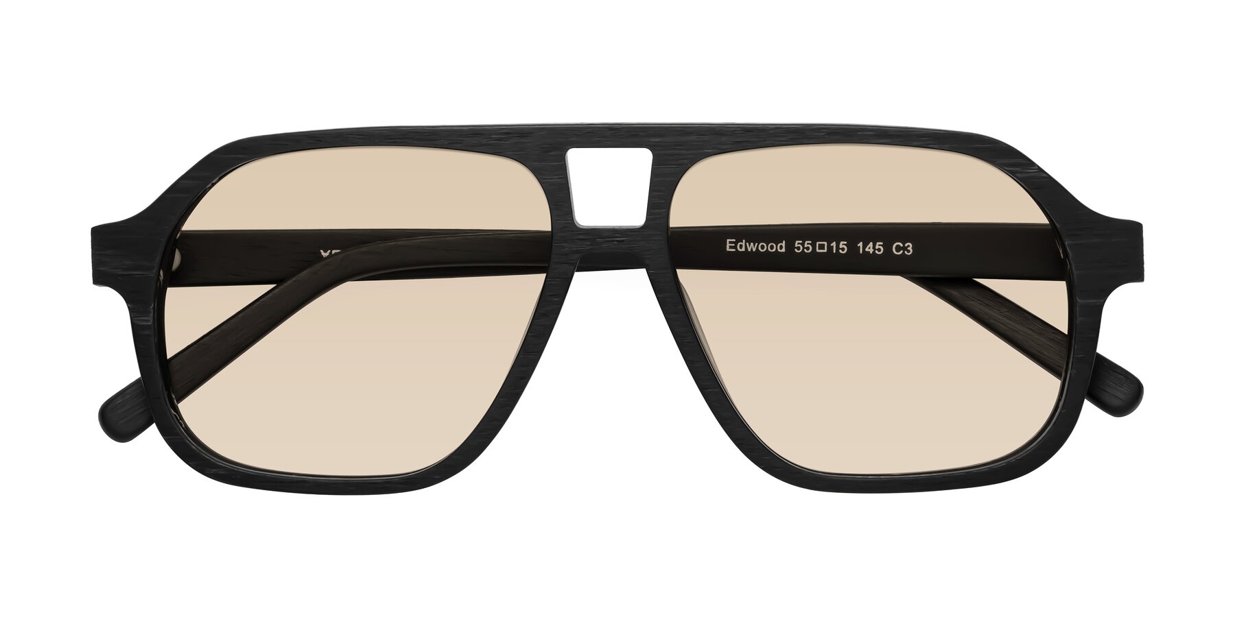 Folded Front of Edwood in Black Woodgrain with Light Brown Tinted Lenses