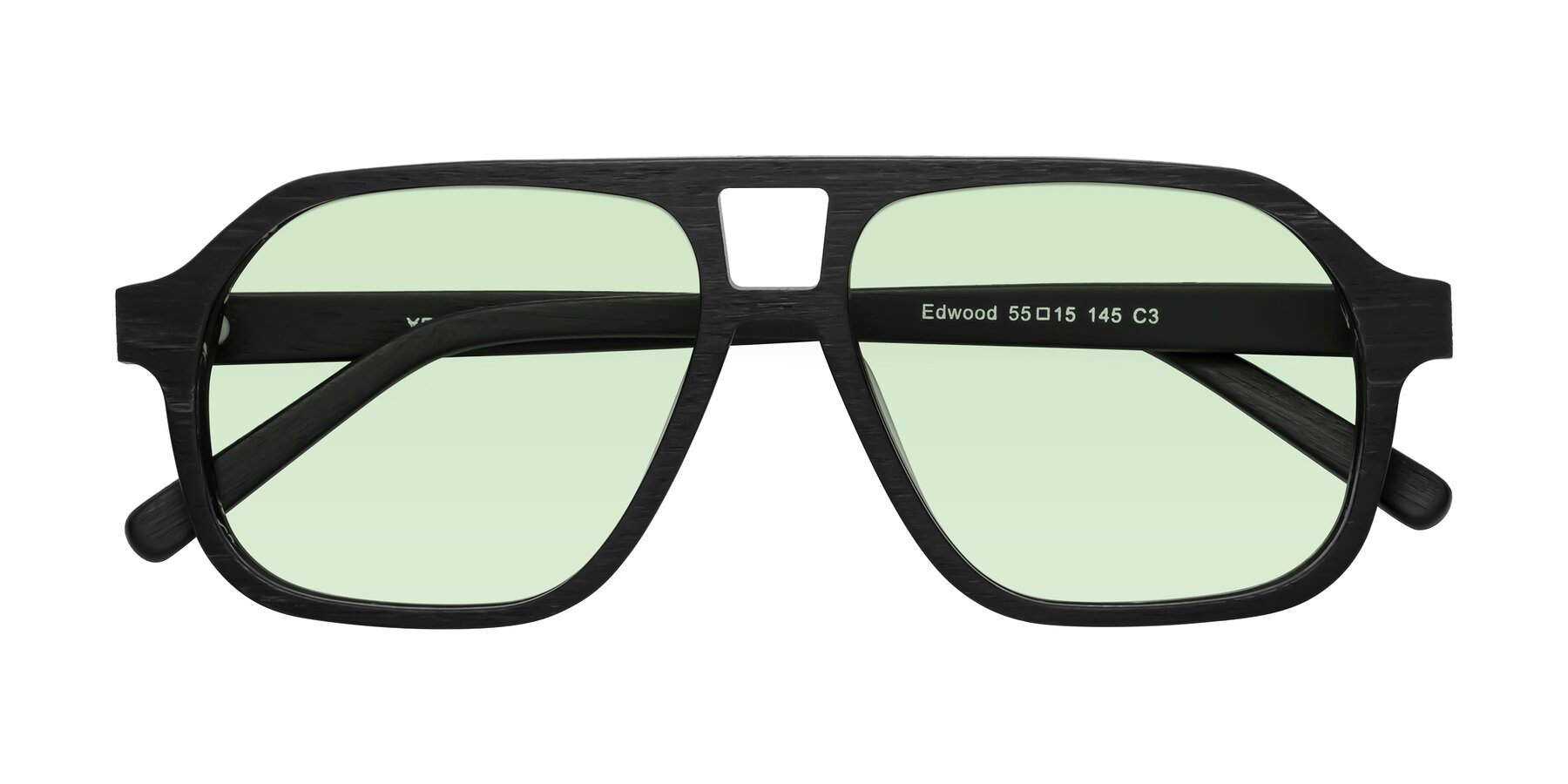 Folded Front of Edwood in Black Woodgrain with Light Green Tinted Lenses