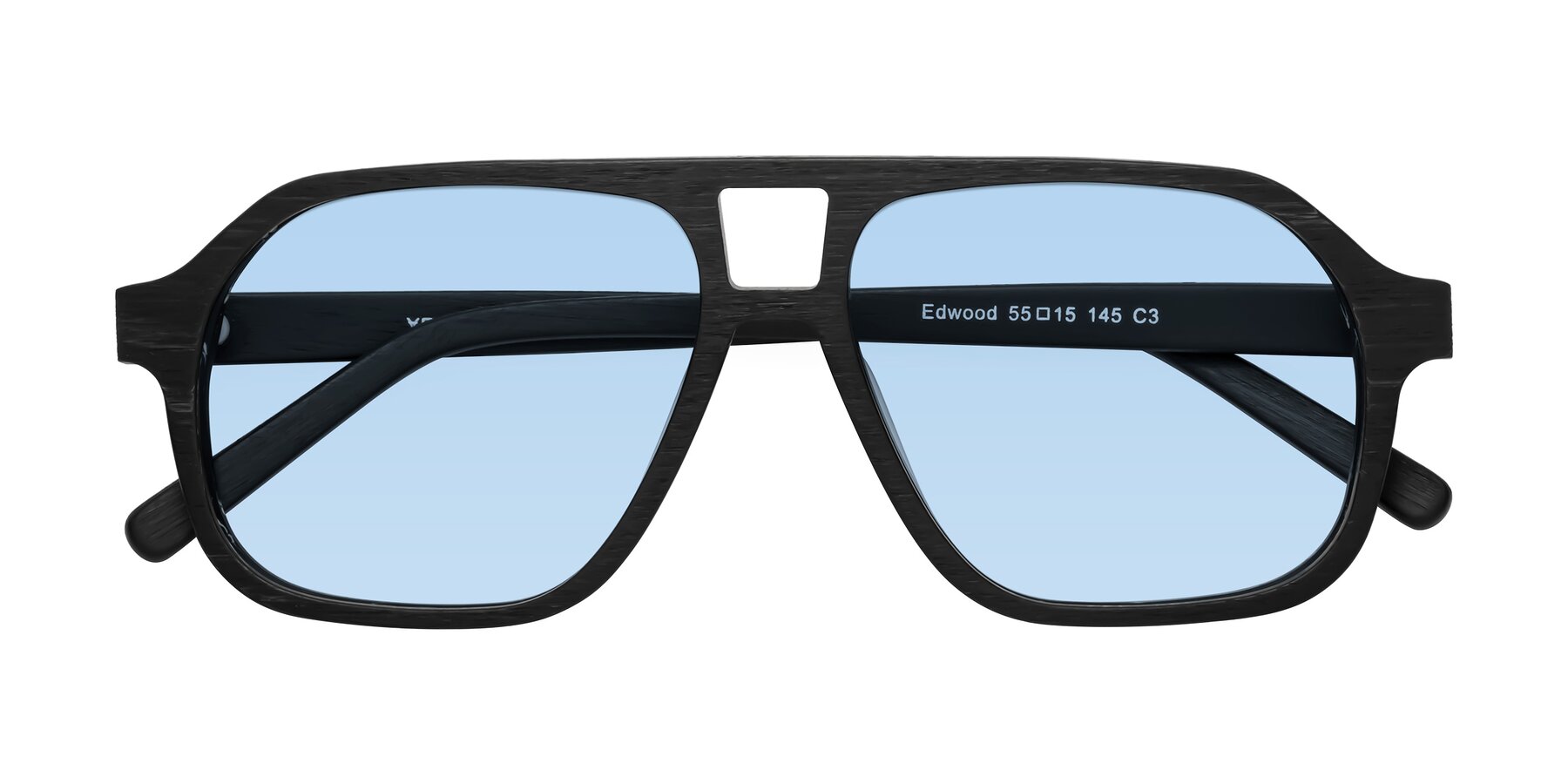 Folded Front of Edwood in Black Woodgrain with Light Blue Tinted Lenses