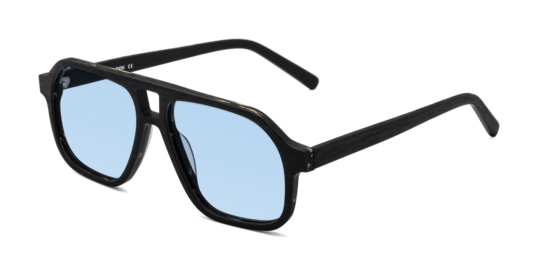 Angle of Edwood in Black Woodgrain with Light Blue Tinted Lenses