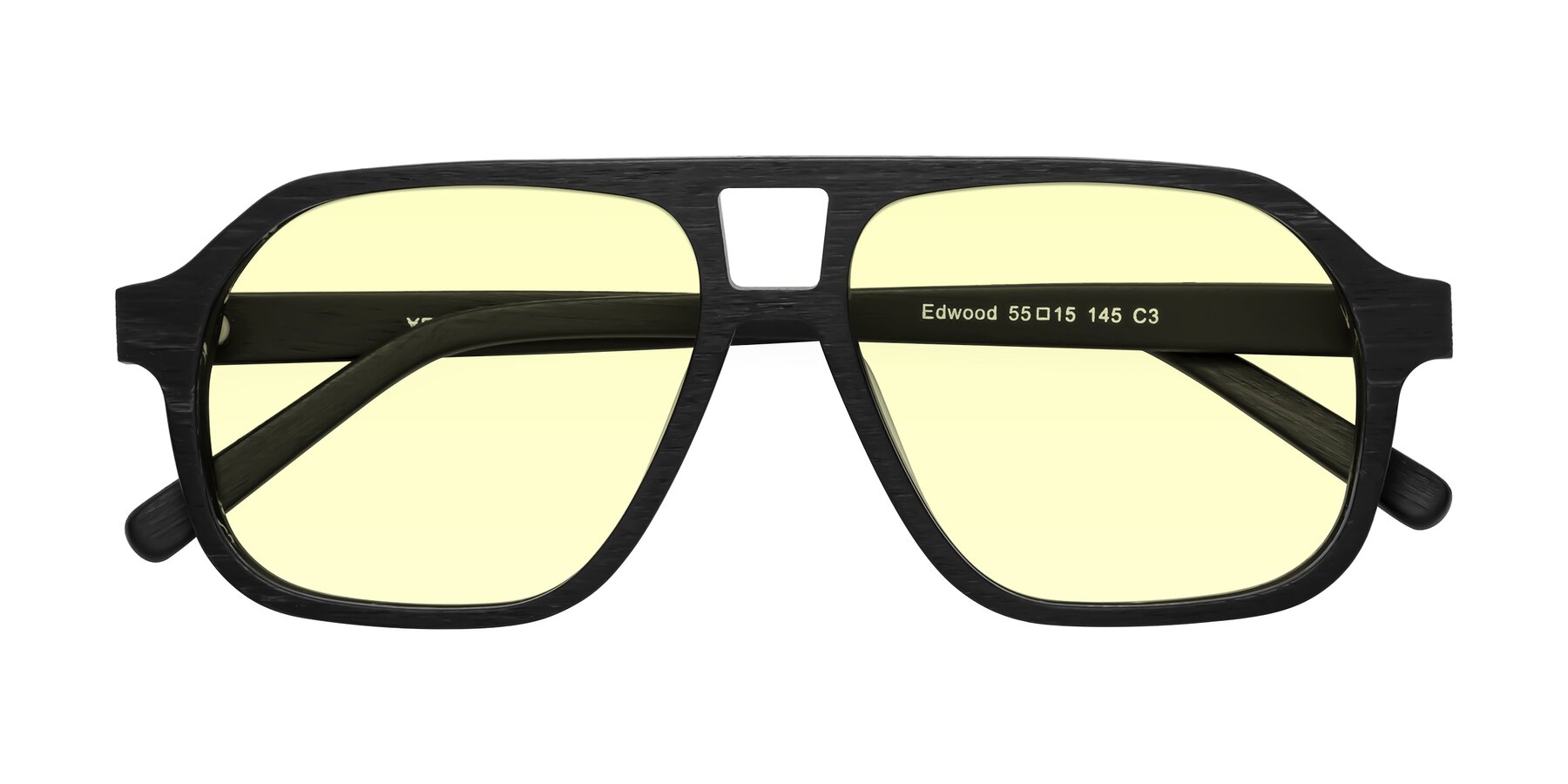 Folded Front of Edwood in Black Woodgrain with Light Yellow Tinted Lenses