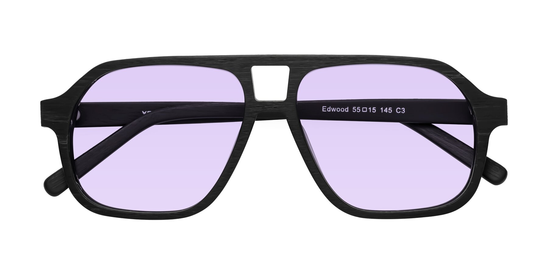 Folded Front of Edwood in Black Woodgrain with Light Purple Tinted Lenses