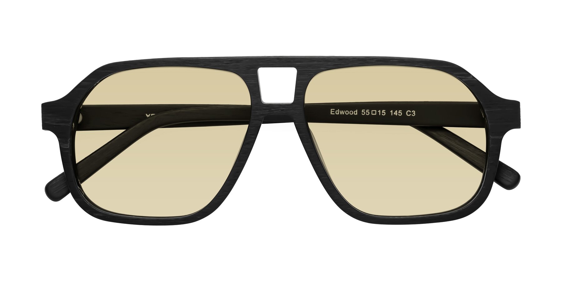 Folded Front of Edwood in Black Woodgrain with Light Champagne Tinted Lenses