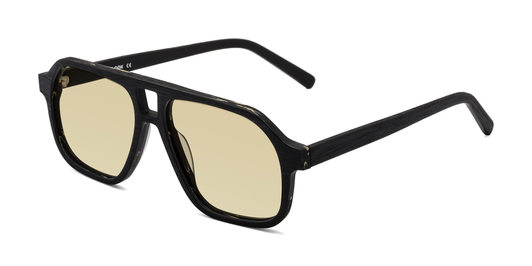 Angle of Edwood in Black Woodgrain with Light Champagne Tinted Lenses