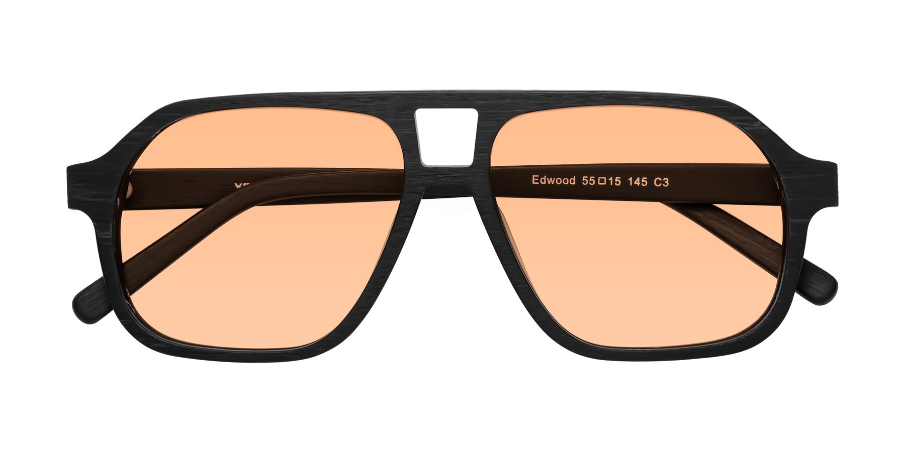 Folded Front of Edwood in Black Woodgrain with Light Orange Tinted Lenses