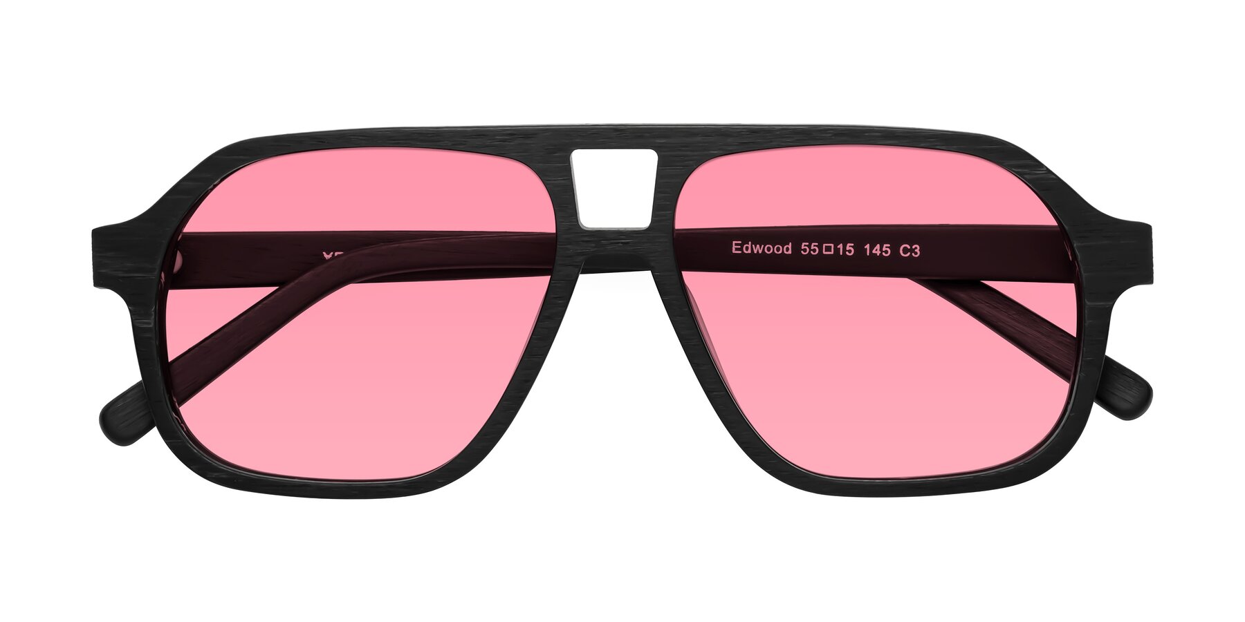 Folded Front of Edwood in Black Woodgrain with Pink Tinted Lenses