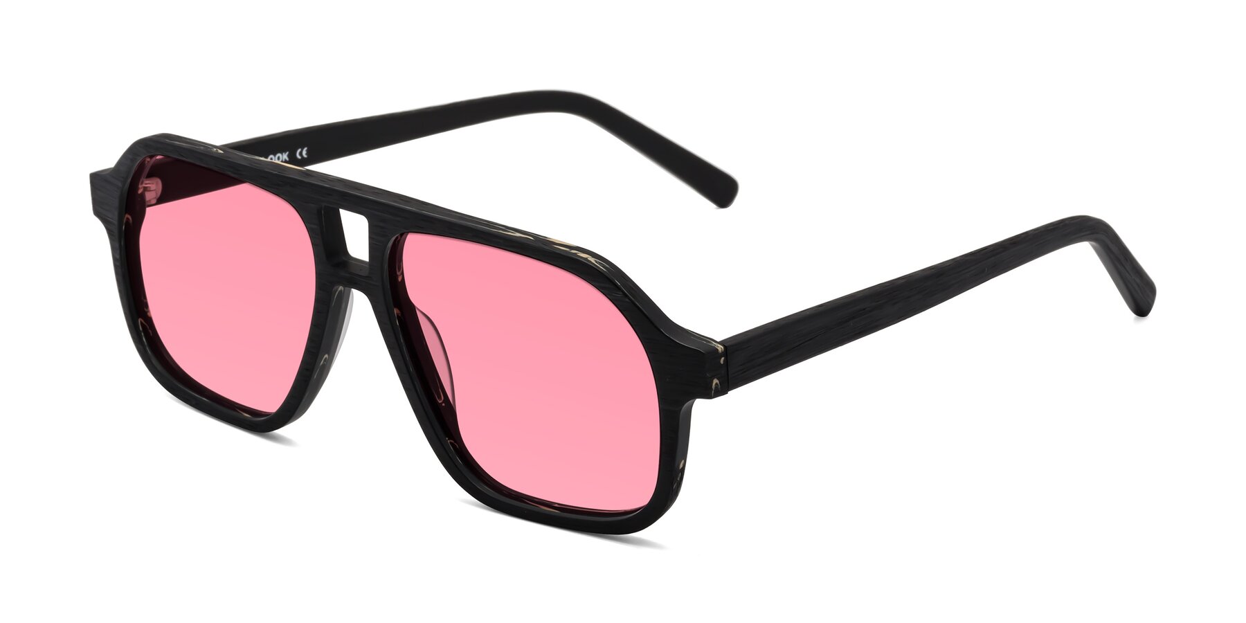 Angle of Edwood in Black Woodgrain with Pink Tinted Lenses