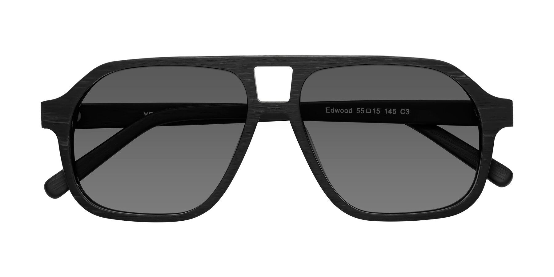 Folded Front of Edwood in Black Woodgrain with Medium Gray Tinted Lenses