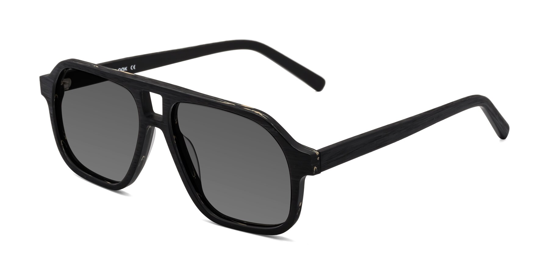 Angle of Edwood in Black Woodgrain with Medium Gray Tinted Lenses