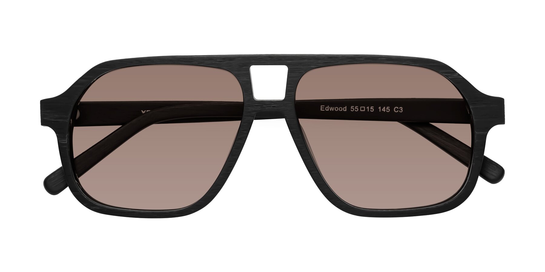 Folded Front of Edwood in Black Woodgrain with Medium Brown Tinted Lenses