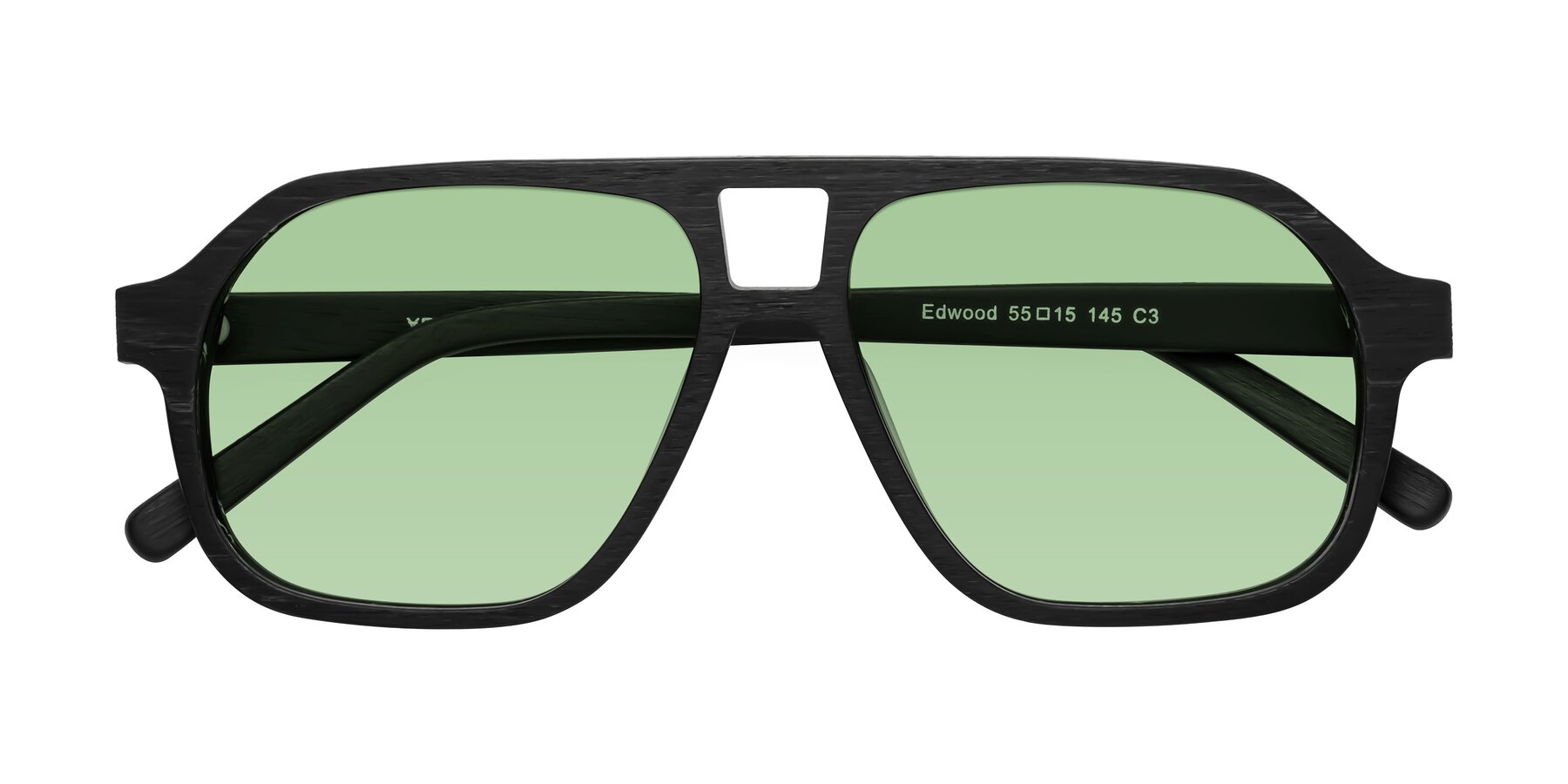 Folded Front of Edwood in Black Woodgrain with Medium Green Tinted Lenses