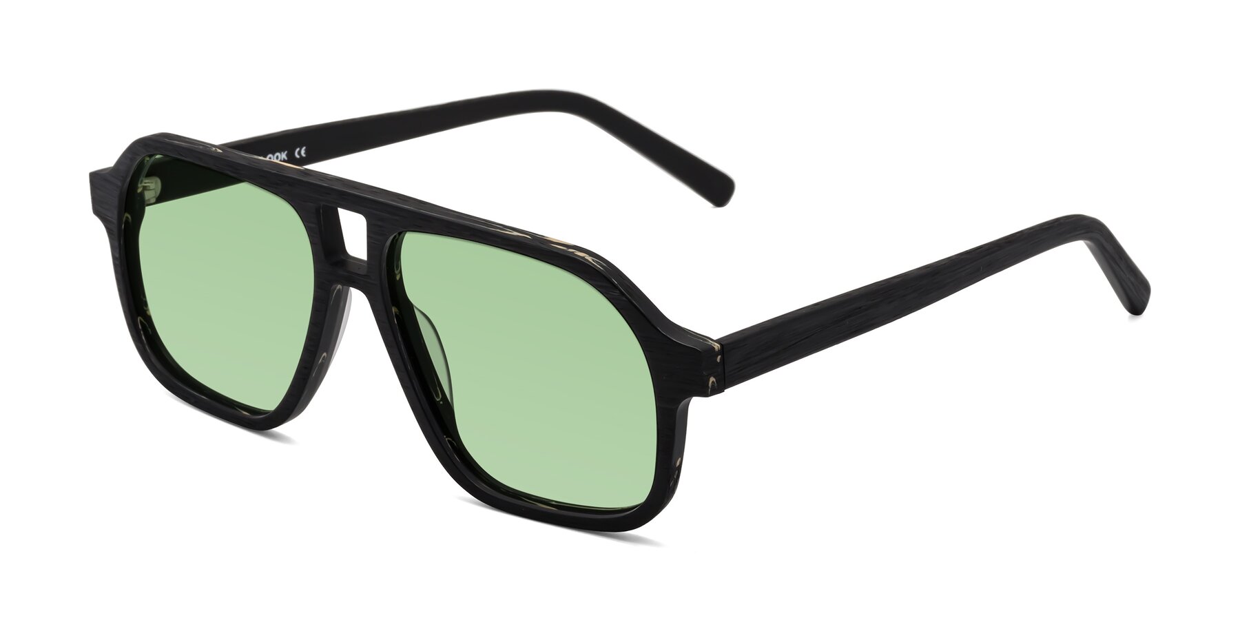 Angle of Edwood in Black Woodgrain with Medium Green Tinted Lenses