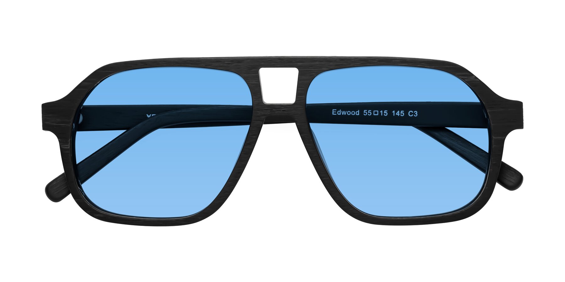 Folded Front of Edwood in Black Woodgrain with Medium Blue Tinted Lenses