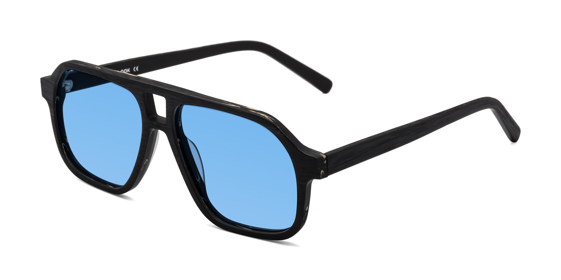 Angle of Edwood in Black Woodgrain with Medium Blue Tinted Lenses