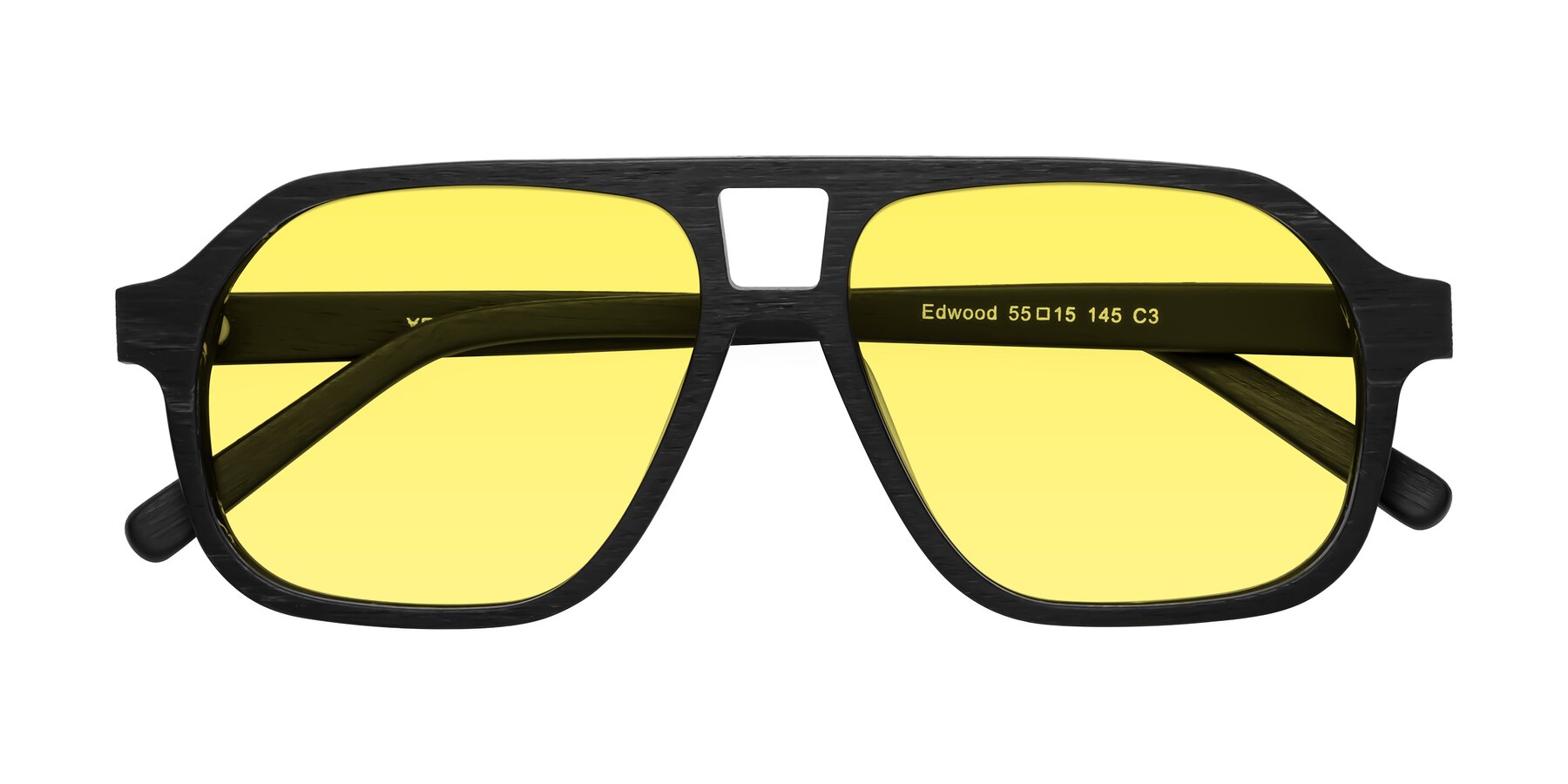 Folded Front of Edwood in Black Woodgrain with Medium Yellow Tinted Lenses