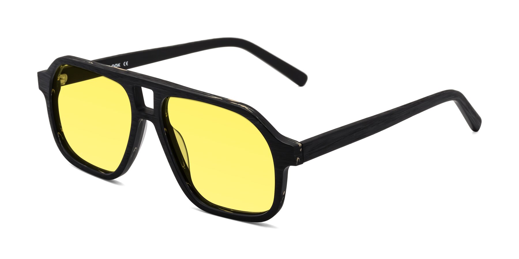 Angle of Edwood in Black Woodgrain with Medium Yellow Tinted Lenses