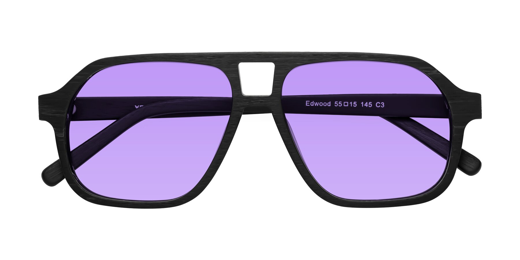 Folded Front of Edwood in Black Woodgrain with Medium Purple Tinted Lenses