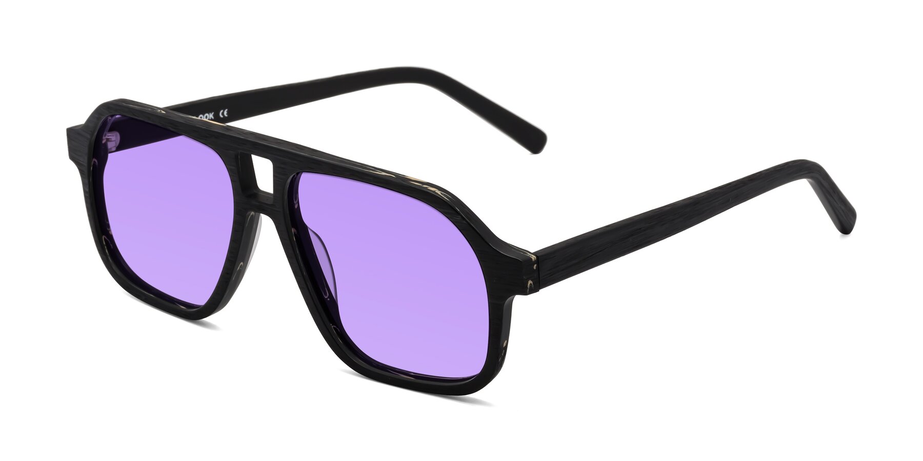 Angle of Edwood in Black Woodgrain with Medium Purple Tinted Lenses