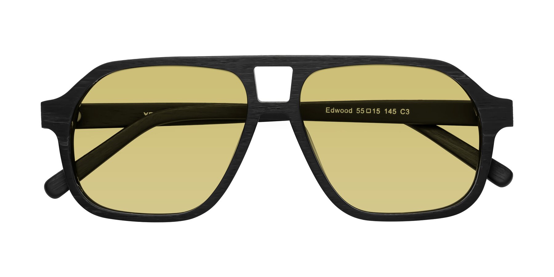 Folded Front of Edwood in Black Woodgrain with Medium Champagne Tinted Lenses