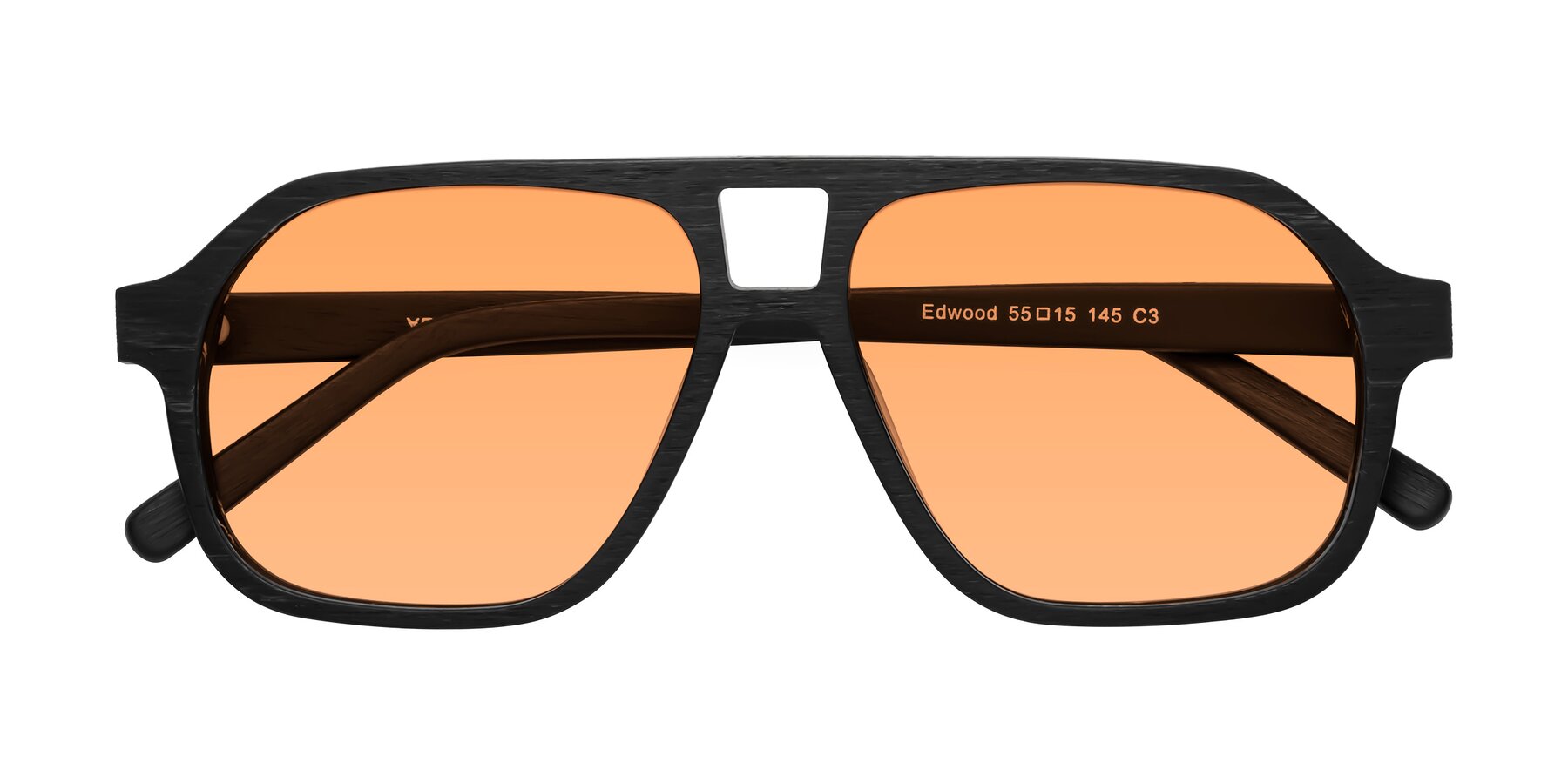 Folded Front of Edwood in Black Woodgrain with Medium Orange Tinted Lenses