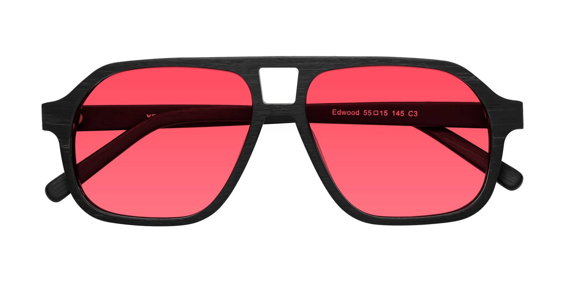 Folded Front of Edwood in Black Woodgrain with Red Tinted Lenses