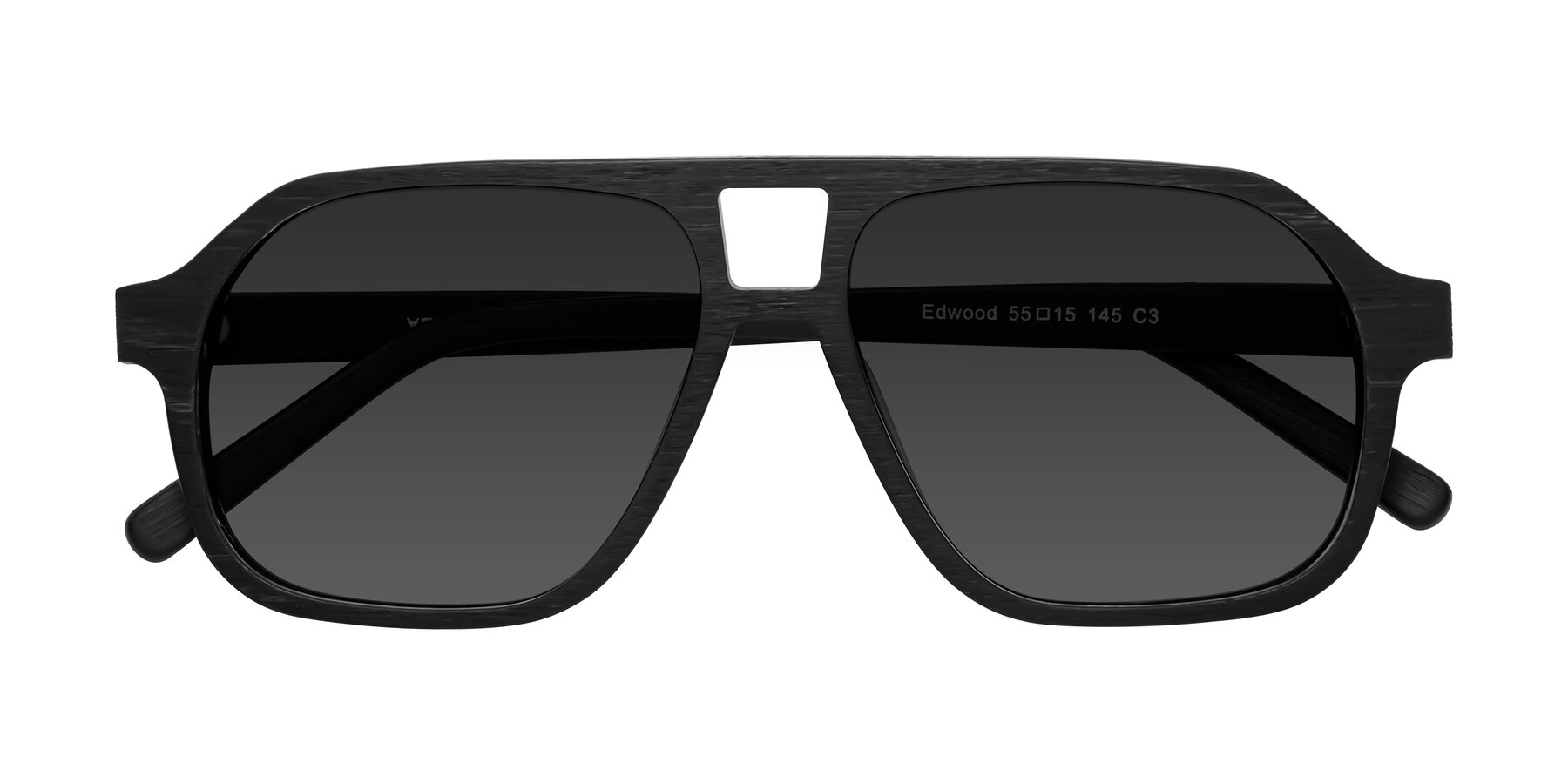 Folded Front of Edwood in Black Woodgrain with Gray Tinted Lenses