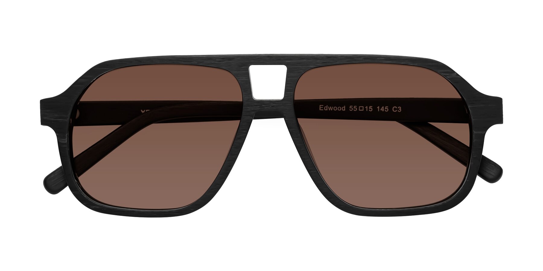 Folded Front of Edwood in Black Woodgrain with Brown Tinted Lenses